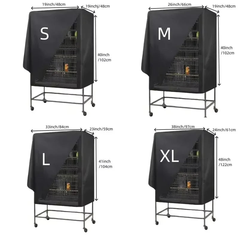 Three bird cage covers labeled S, M, and XL in black fabric with wire mesh detailing.