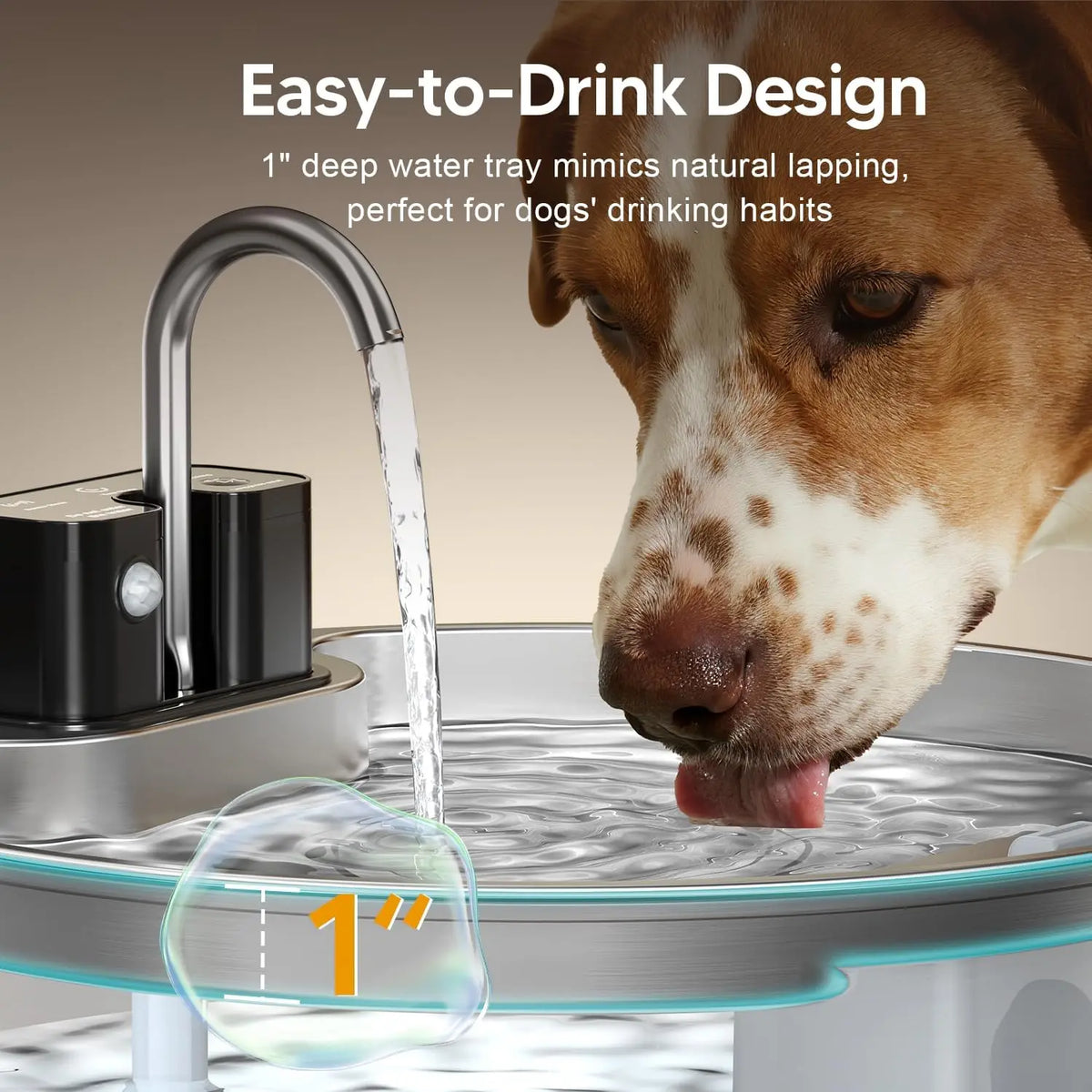 A dog drinks from a stainless steel water fountain featuring a 1 inch deep water tray design.