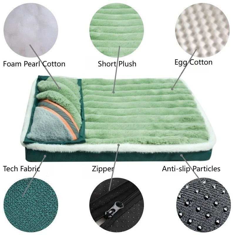 A green fleece dog bed with a textured cover, featuring foam, pearl cotton, and anti-slip particles.