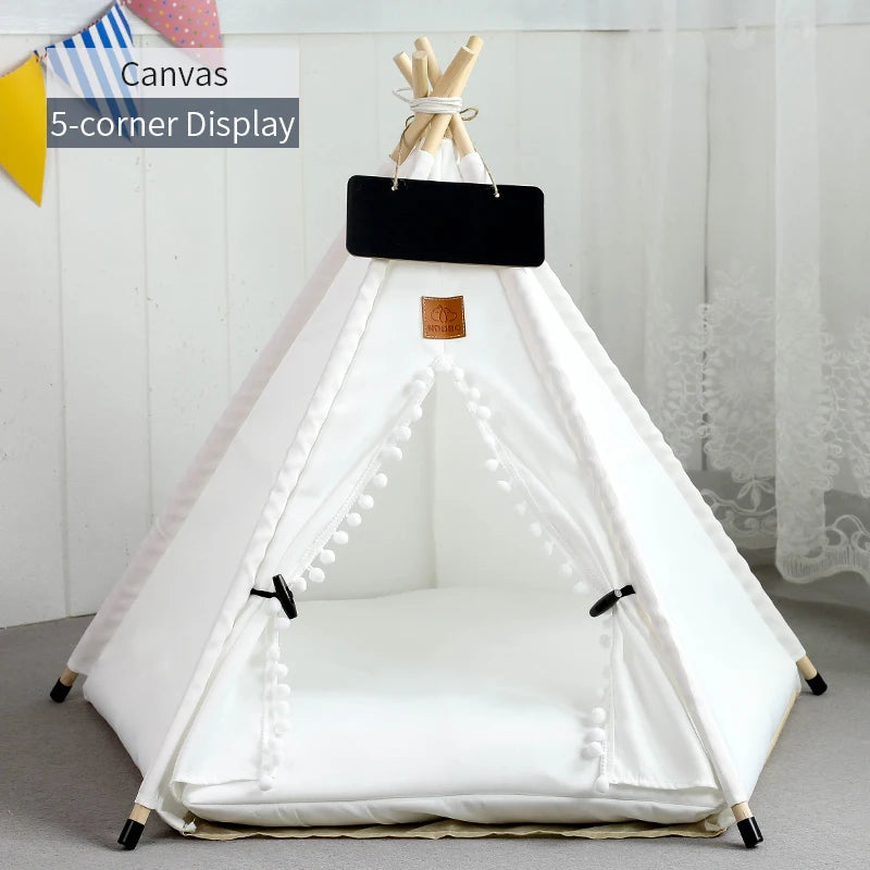 Tente tipi à 5 coins en toile blanche avec coussin et tableau noir en bois