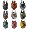 A collection of nine buffalo plaid dog and cat bandanas in various shades of brown, black, green, and orange.