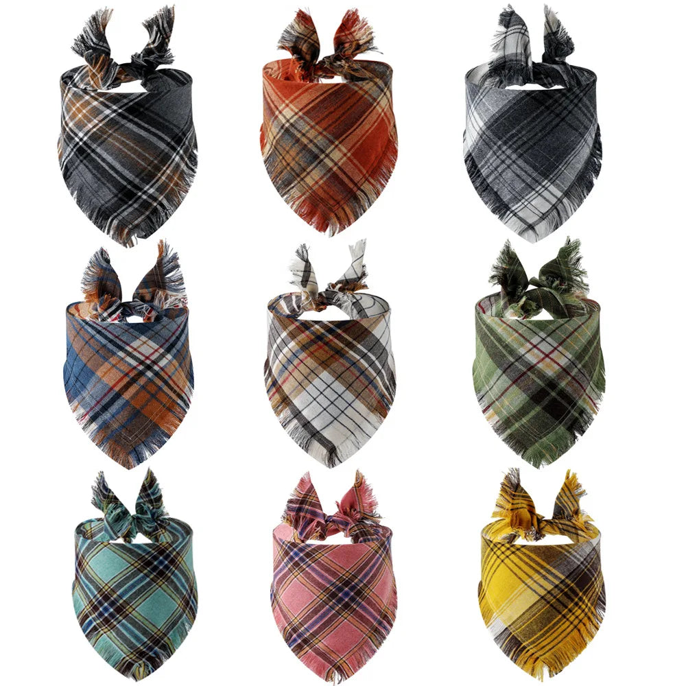 A collection of nine buffalo plaid dog and cat bandanas in various shades of brown, black, green, and orange.