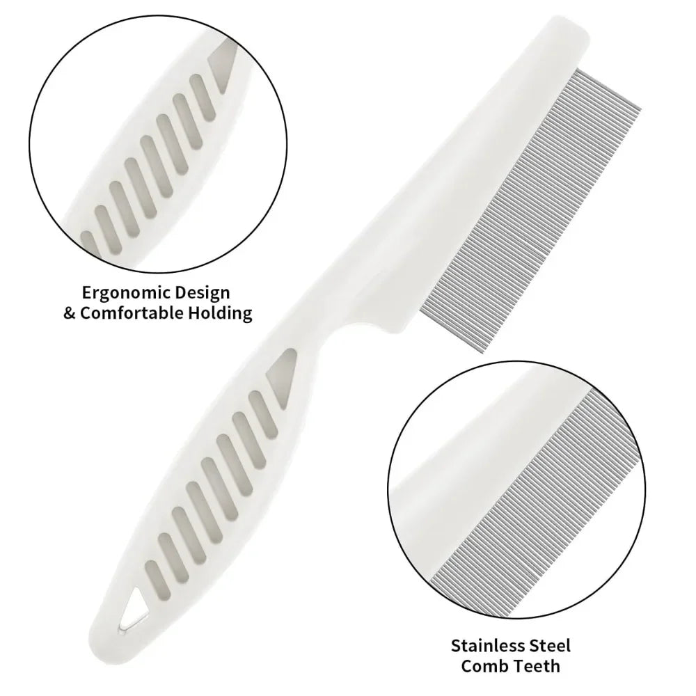 Weißer Edelstahl-Tierbürste mit feinen Zinken, Detailansichten der ergonomischen Konstruktion und der Borsten.