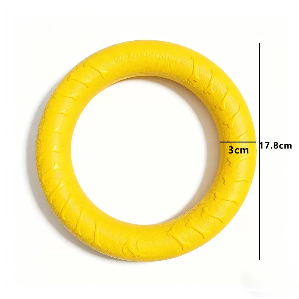 Yellow glowing rubber fetch ball for dogs shown in a circular shape with a dimension of 3cm.