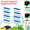 A collection of blue and silver replacement filters for a pet water dispenser, shown alongside the finished product.
