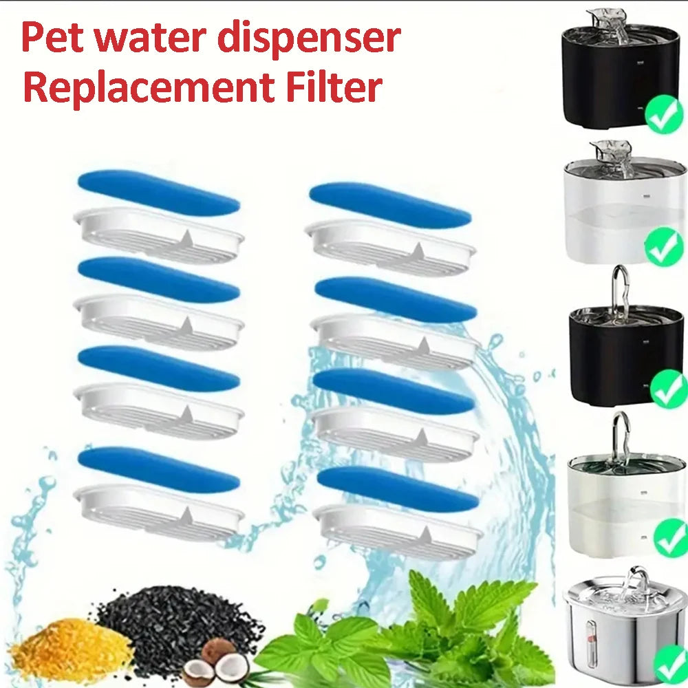 A collection of blue and silver replacement filters for a pet water dispenser, shown alongside the finished product.