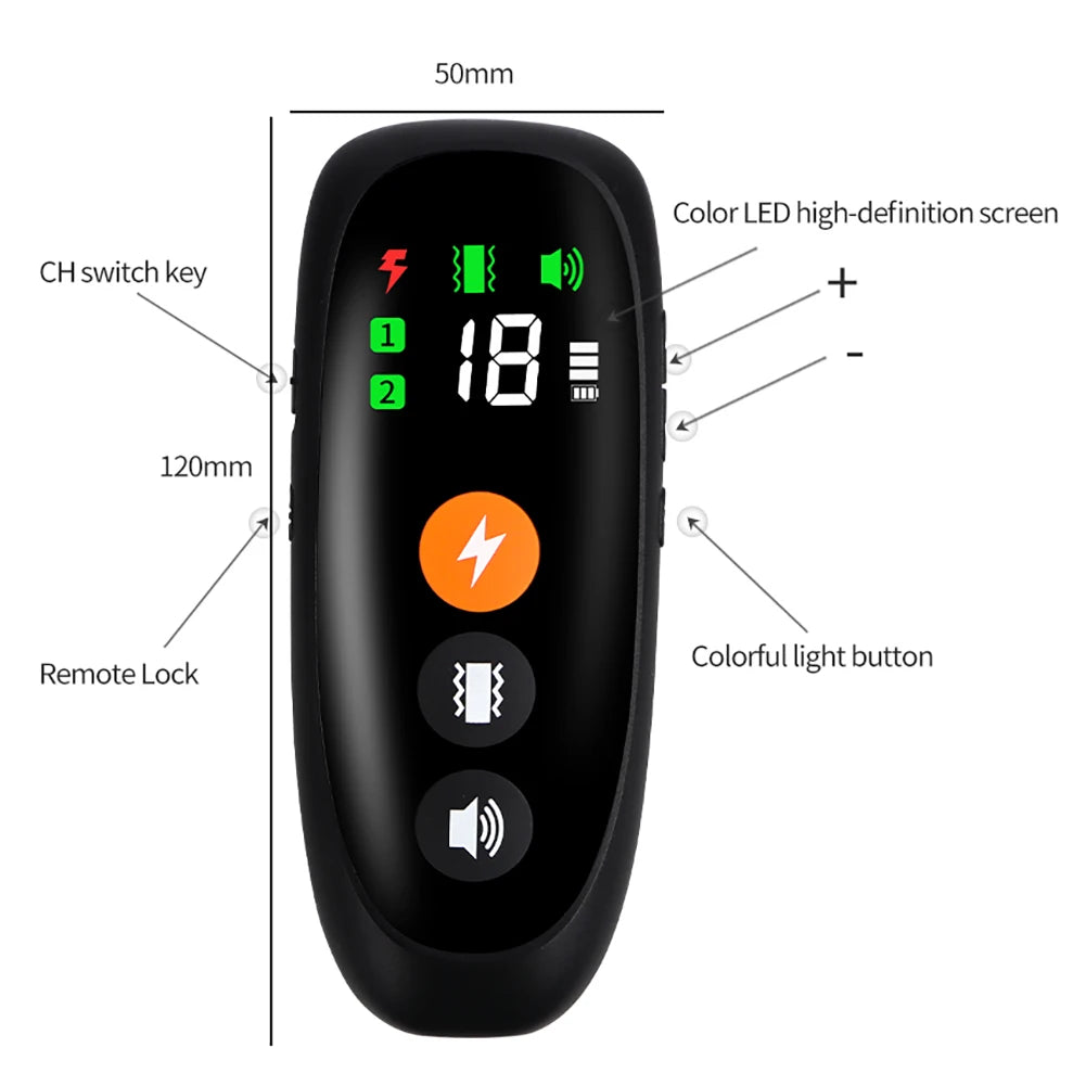 A black rechargeable anti-bark dog training collar with a LED screen and various buttons.