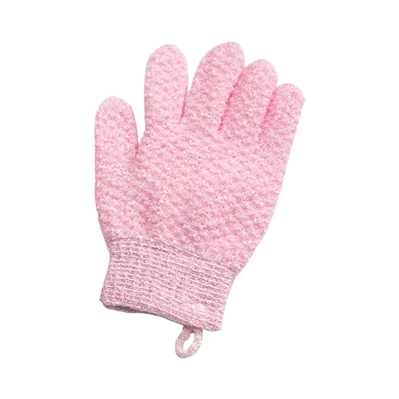 A pink exfoliating shower glove with a textured surface for body massage and cleansing.