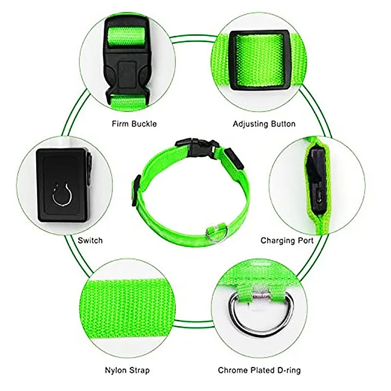 Diagram showing components of a USB rechargeable pet safety light collar including the buckle, adjusting button, switch, nylo
