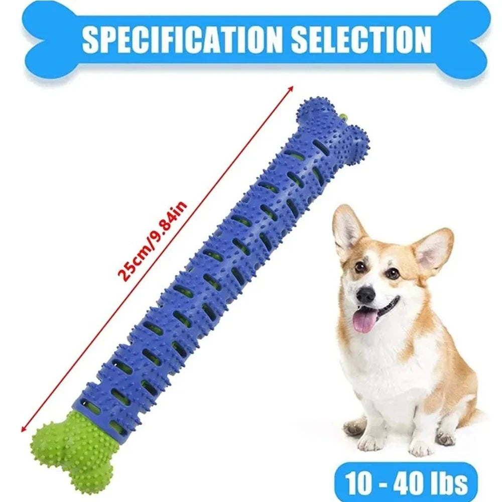 Blue dog dental chew bone with rubber cleaning bristles and green base for dogs