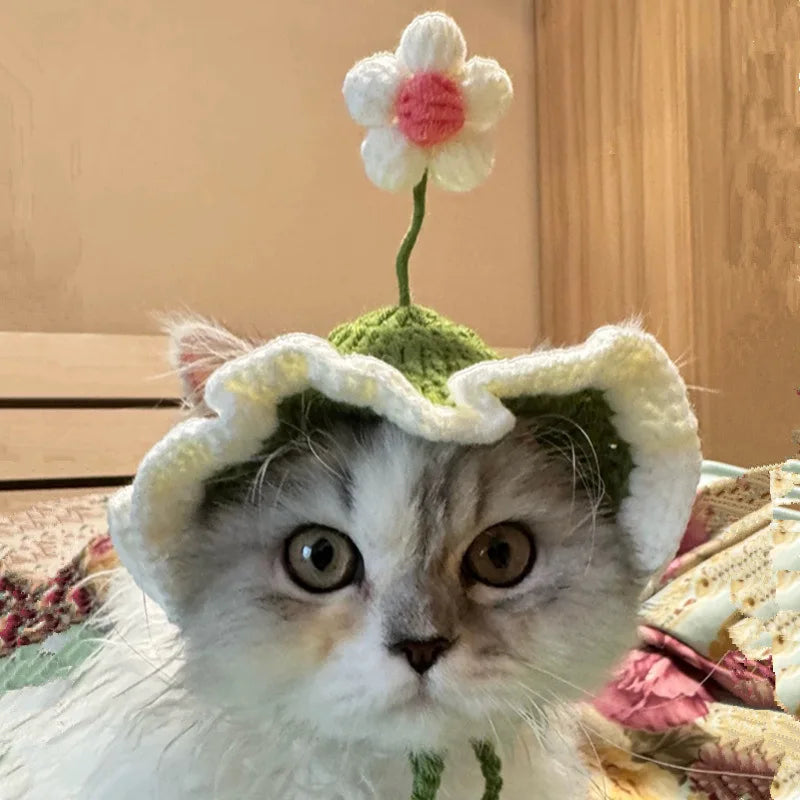 Cute Adjustable Cat Hat with Flowers for Cats and Small Dogs