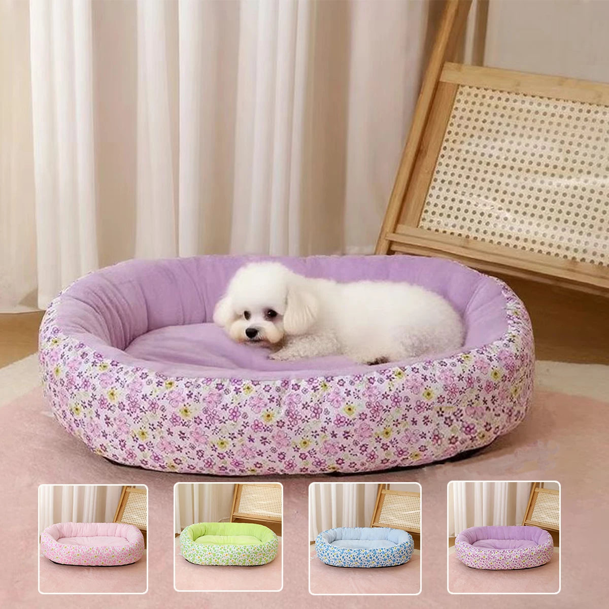 A collection of floral pet beds in various colors including purple, green, blue, and pink for small dogs and cats.