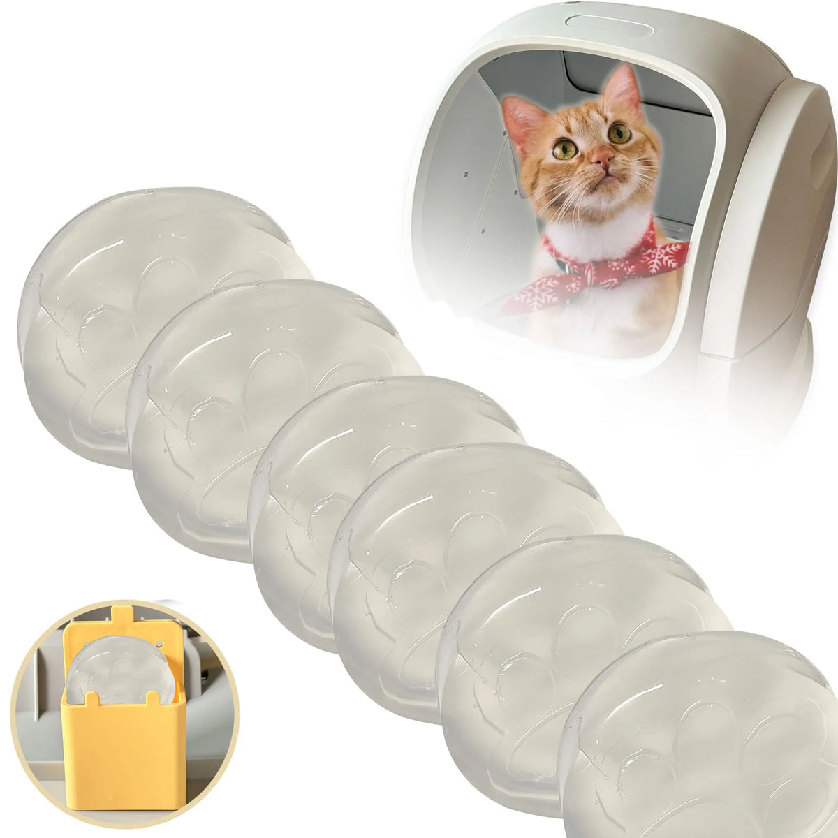 A white cat litter box deodorizer gel is shown alongside a camera-like device and several round gel discs.