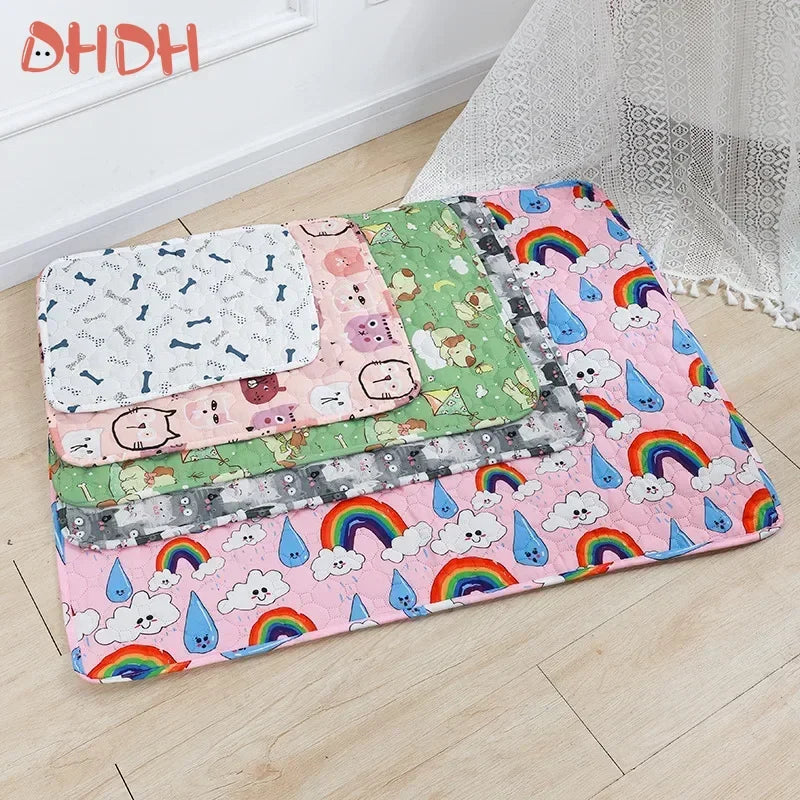 A colorful washable pet training mat for dogs featuring various patterns including rainbows and clouds