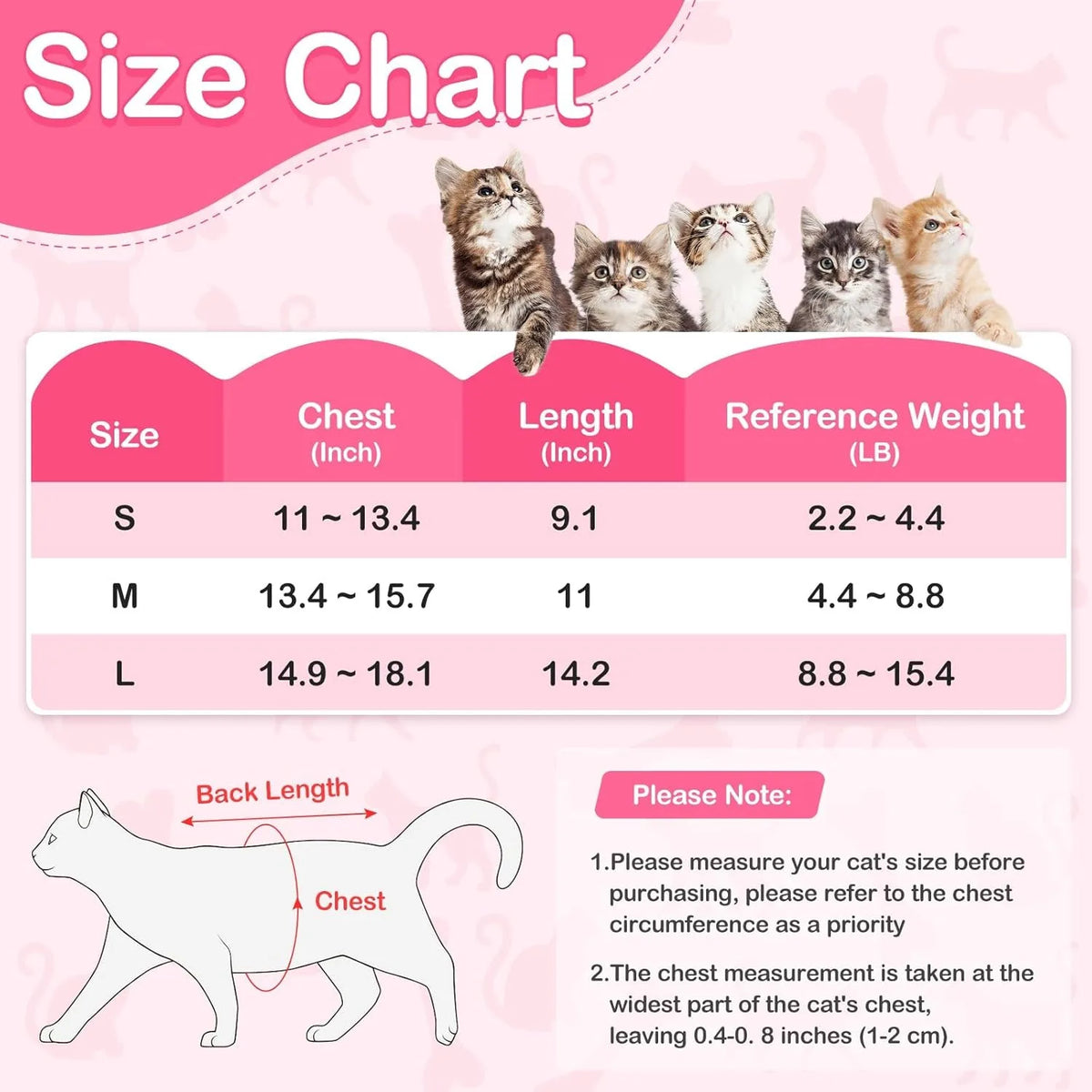 Size chart for a post-surgery recovery suit for cats showing measurements in inches and reference weight in pounds
