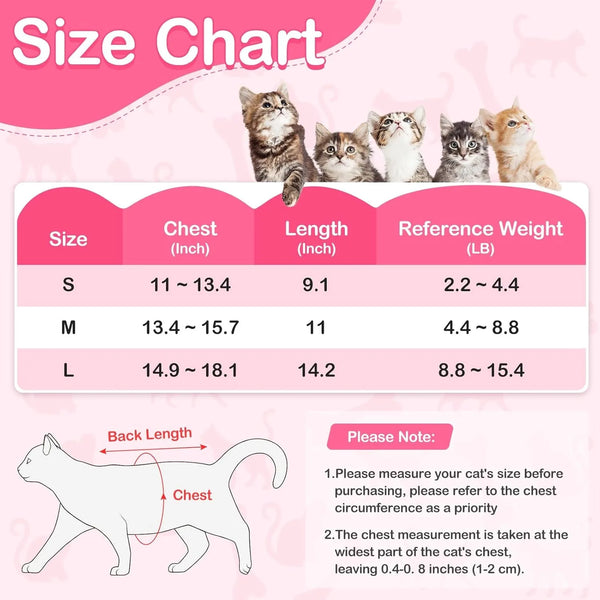 Size chart for a post-surgery recovery suit for cats showing measurements in inches and reference weight in pounds