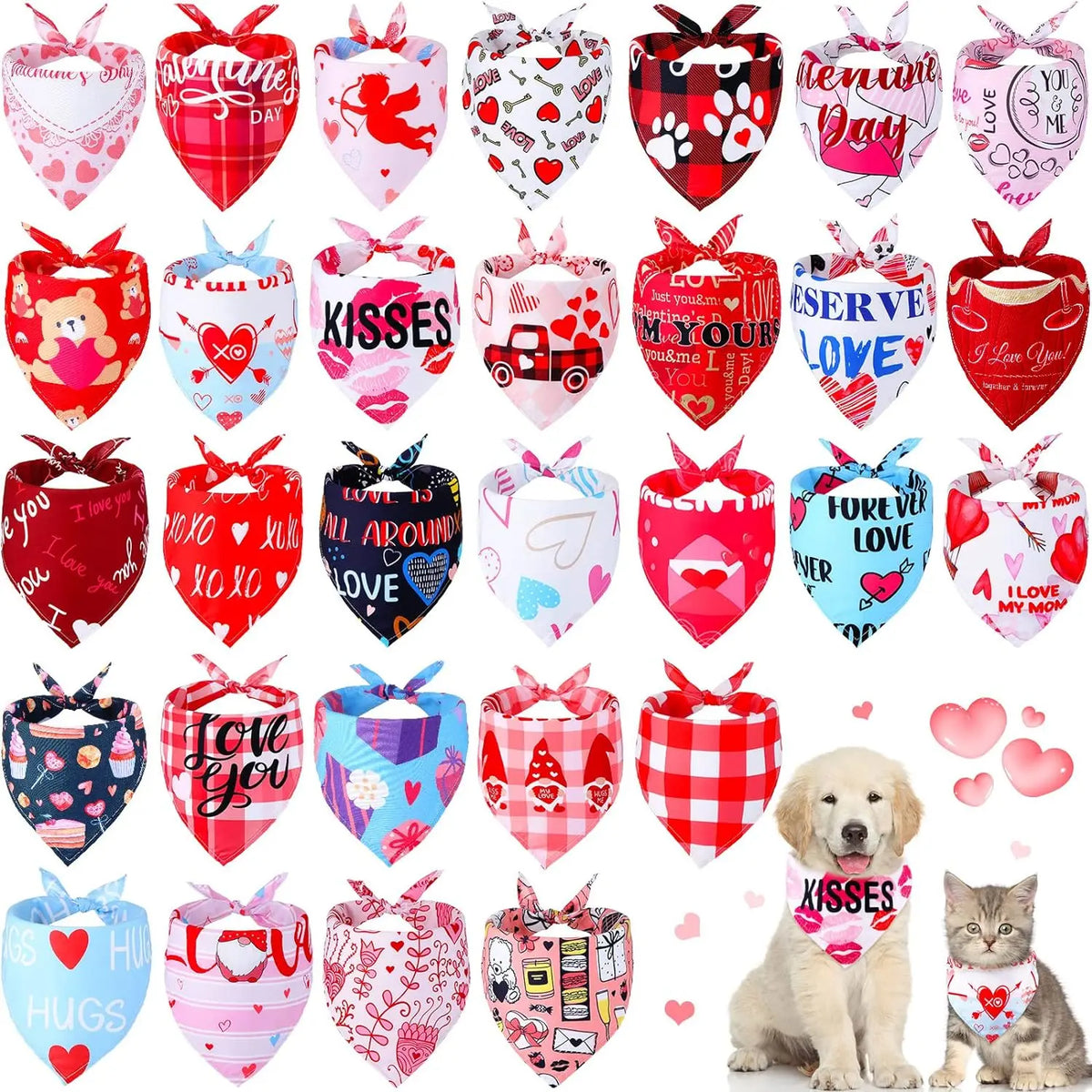 Valentine's Day Dog Bandanas – Heart & Floral Pattern Pet Scarf (Pack of 30)