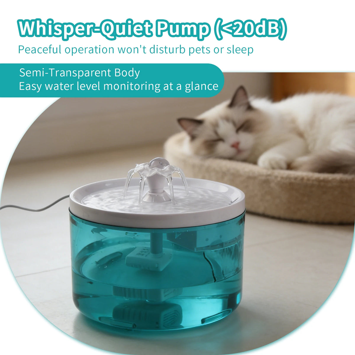 A clear blue cat water fountain with a pump visible, sitting on a light surface.