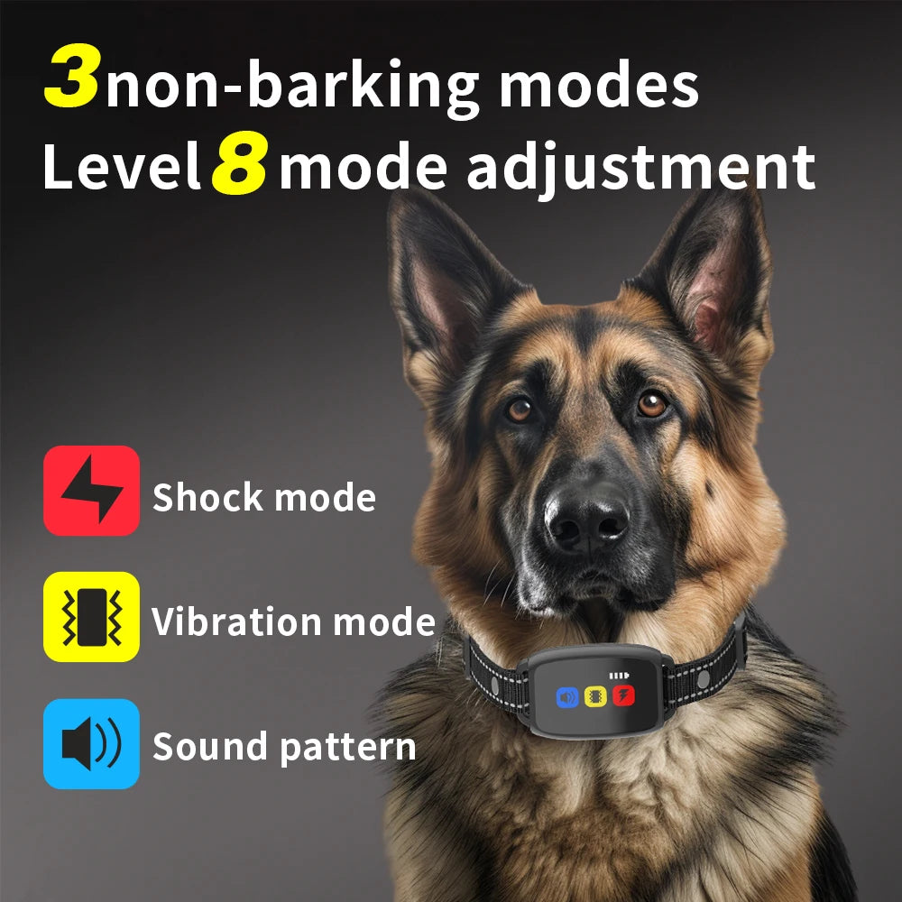 A German Shepherd wearing a black training collar with a remote control, demonstrating three non-barking modes.