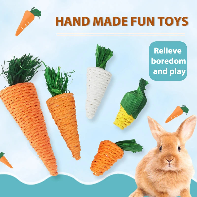 Natural Corn Husk Chew Toys for Small Pets – Carrot, Radish & Woven Ball Set