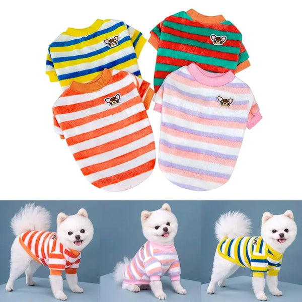 Four striped cotton flannel dog sweaters in various colors and patterns for small pets