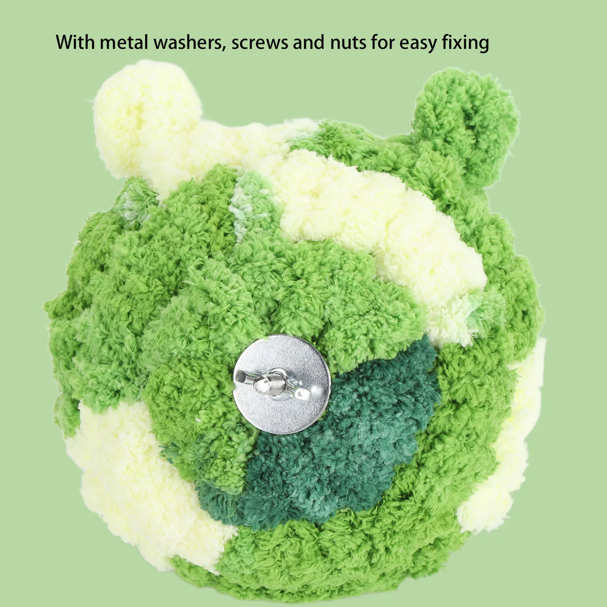 A fluffy green and yellow bird nest bed with metal hardware for easy fixing