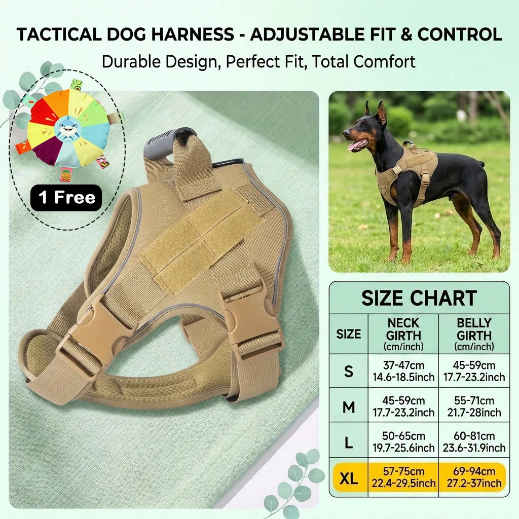 A beige tactical dog harness for a dog, showing various sizes and features.