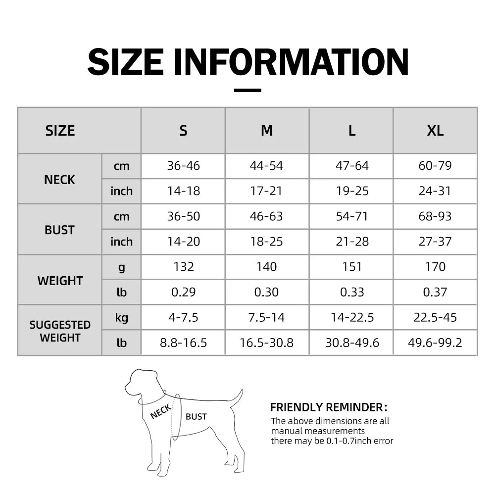 Size information chart for a dog harness showing measurements in centimeters, inches, grams, pounds, and kilograms.