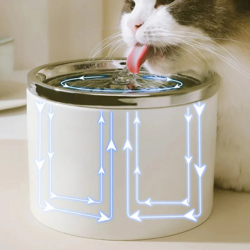 A white ceramic automatic pet water fountain with blue light indicating water flow, featuring a cat drinking from it.