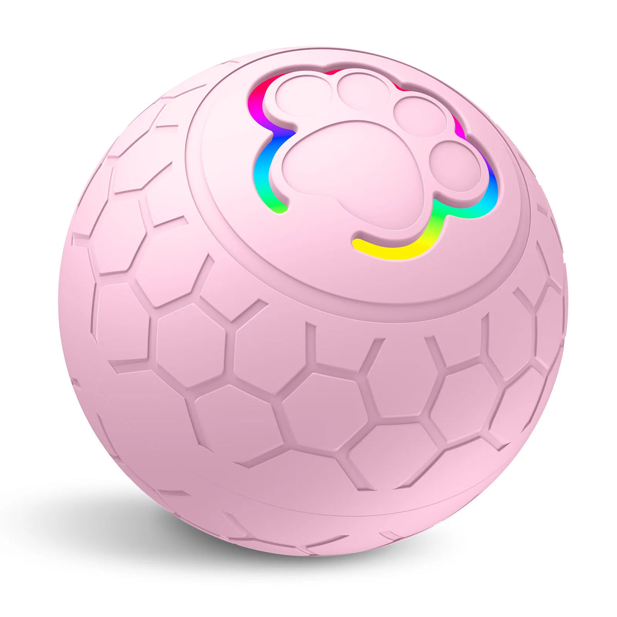 Pinkes interaktives elektronisches Haustierball mit Pfotenspuren-Design, leuchtend in mehrfarbigem Licht.
