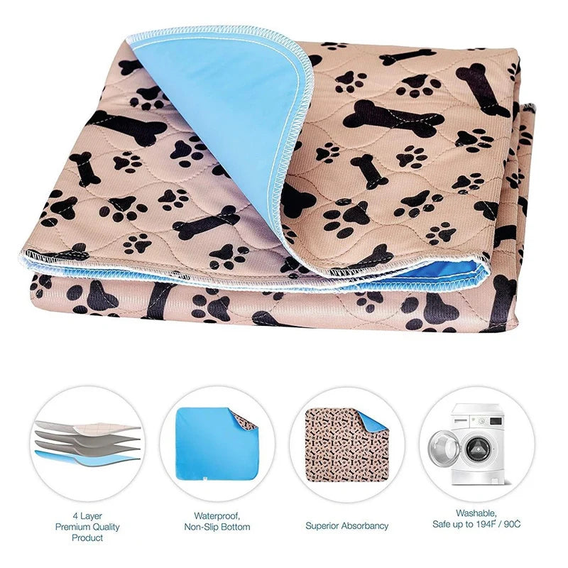 A stack of reusable dog pee pads showing a light pink patterned pad and a blue absorbent liner.