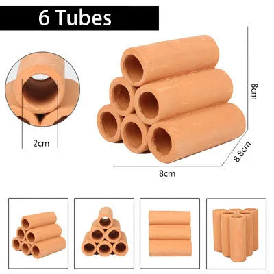 Six tubes of natural clay aquarium cave decoration for fish and shrimp