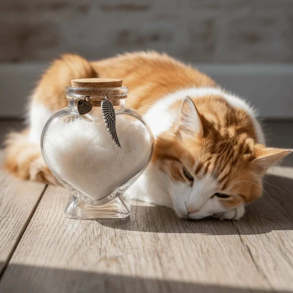 An orange and white cat is resting next to a clear glass heart-shaped jar filled with white pet hair.