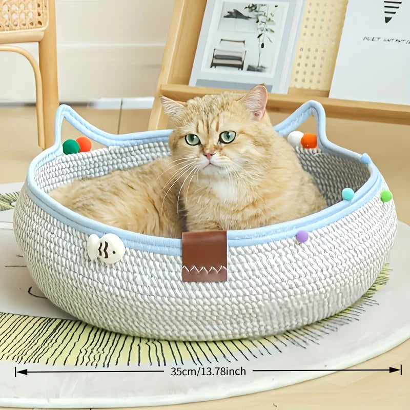 A fluffy orange tabby cat is relaxing in a woven cat scratcher and comfort bed filled with play balls.