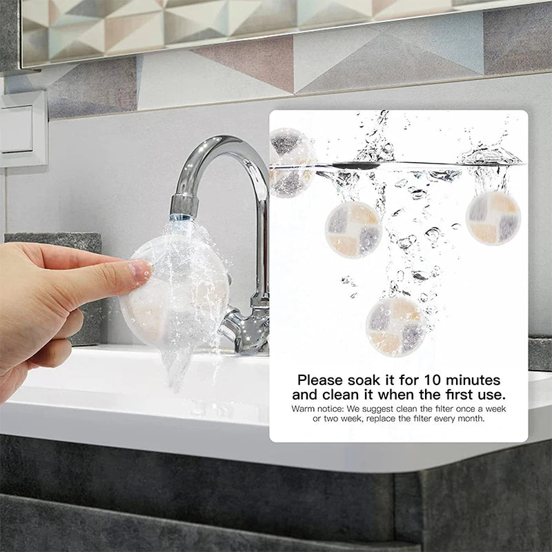 A hand is shown operating a faucet with a water fountain replacement filter, demonstrating the cleaning process.