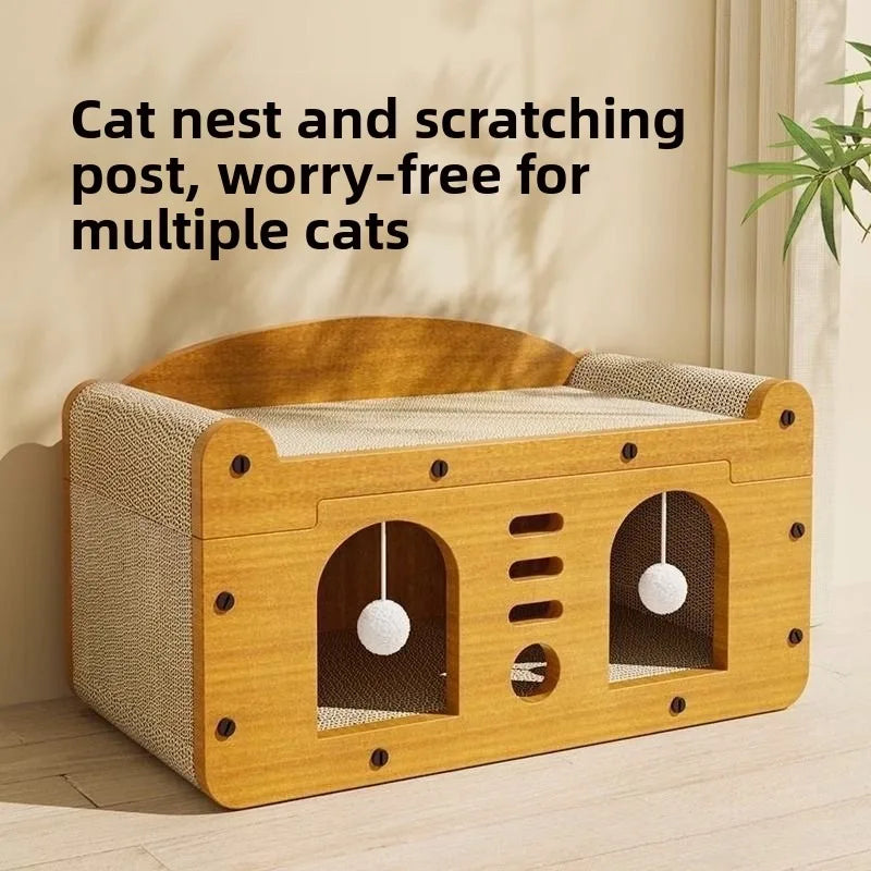 2-in-1 Cat Scratcher House with Hideout and Lounge Bed
