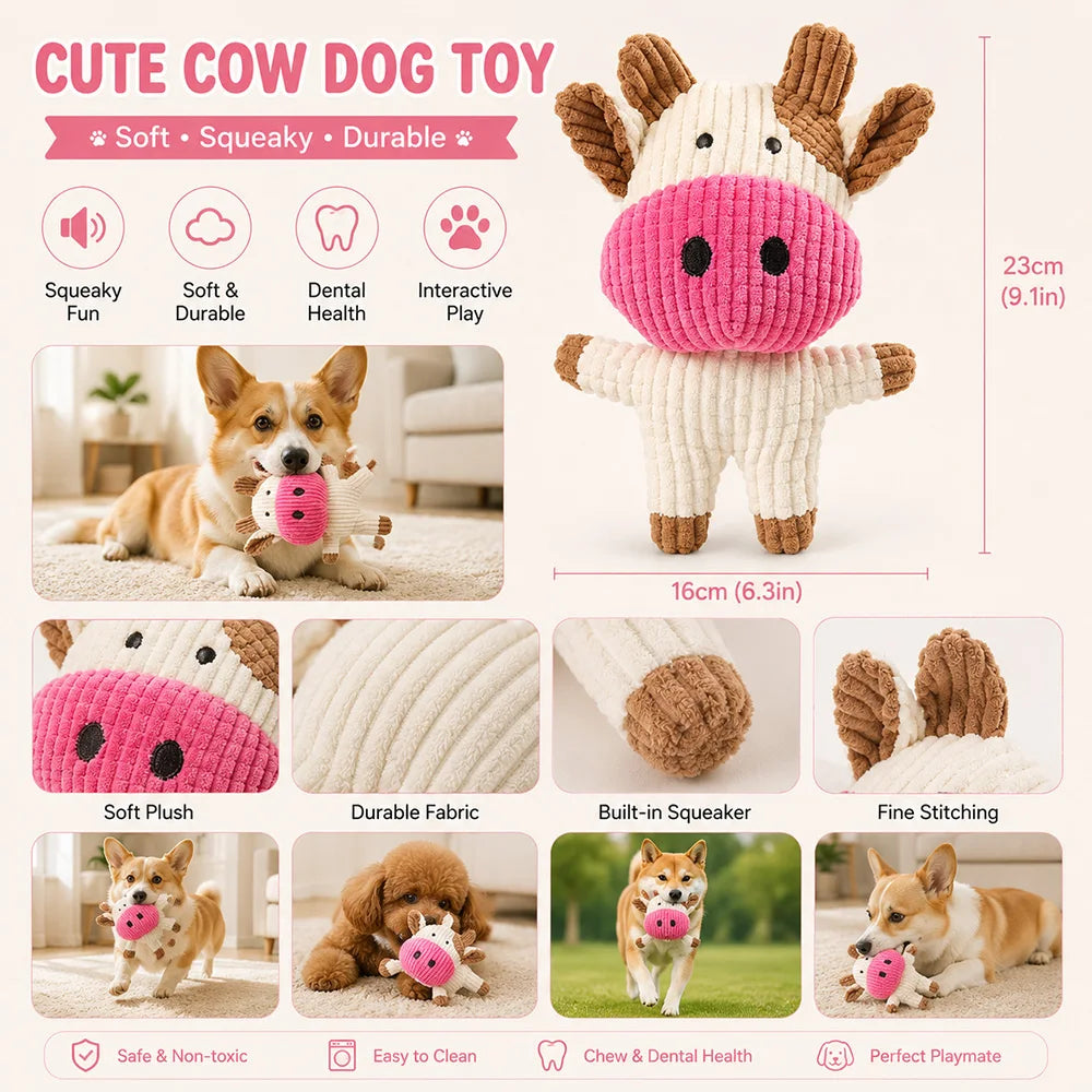 A pink and white plush cow dog toy for pets, showing various uses and features.