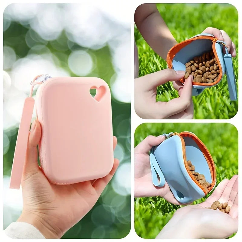 Bolsa portátil de silicona rosa para premios de perro, con la vista abierta de premios secos dentro.