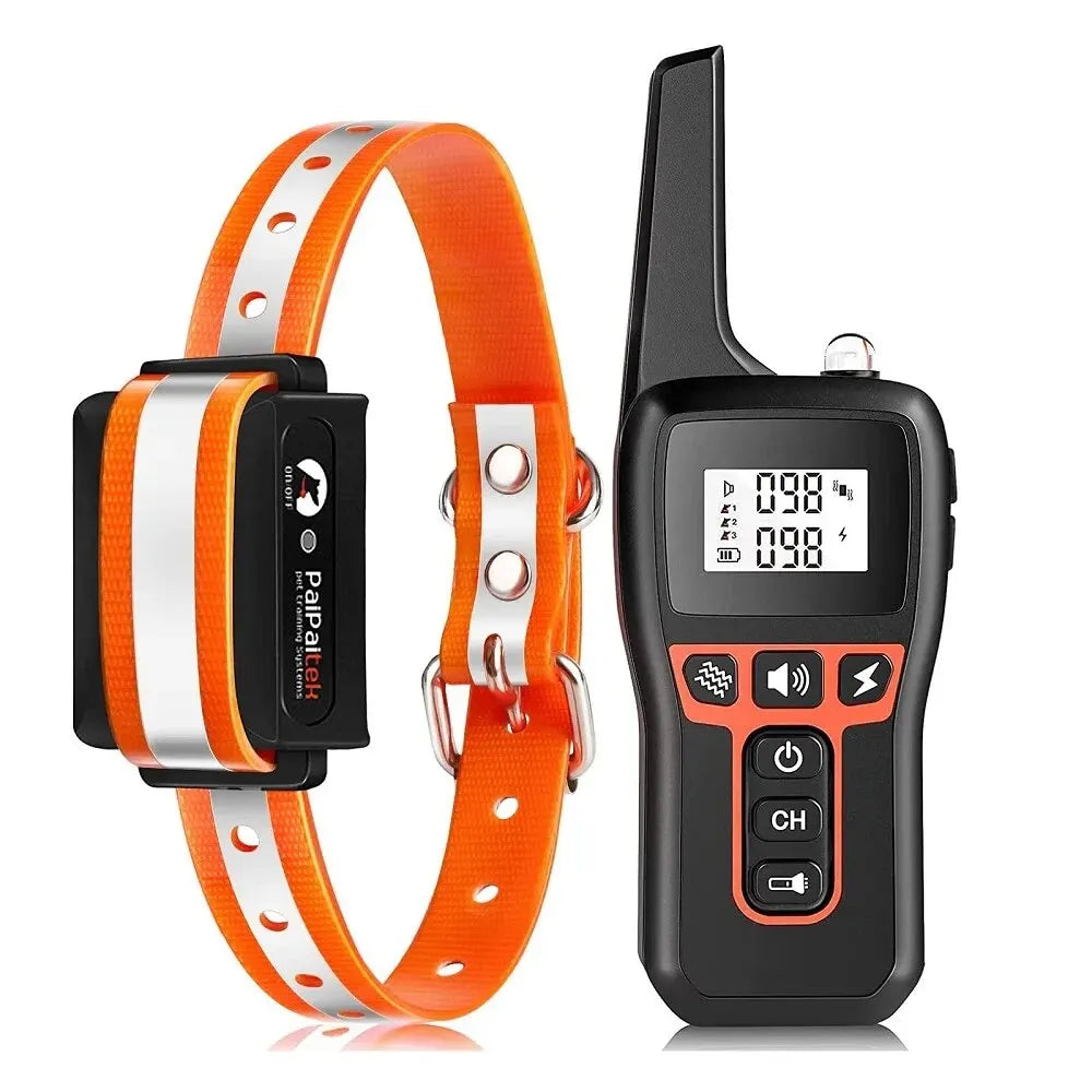 Orange and silver dog bark collar with a remote control device shown next to the band