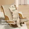 A fluffy white kitten is relaxing on a wooden cat scratching pad designed for natural scratching instinct.