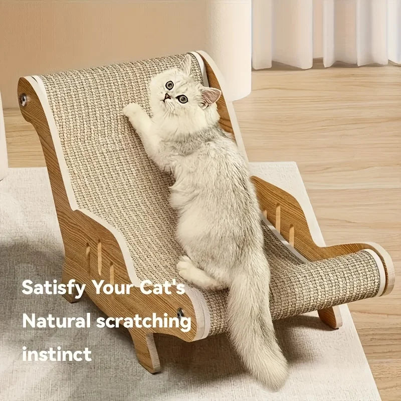 A fluffy white kitten is relaxing on a wooden cat scratching pad designed for natural scratching instinct.