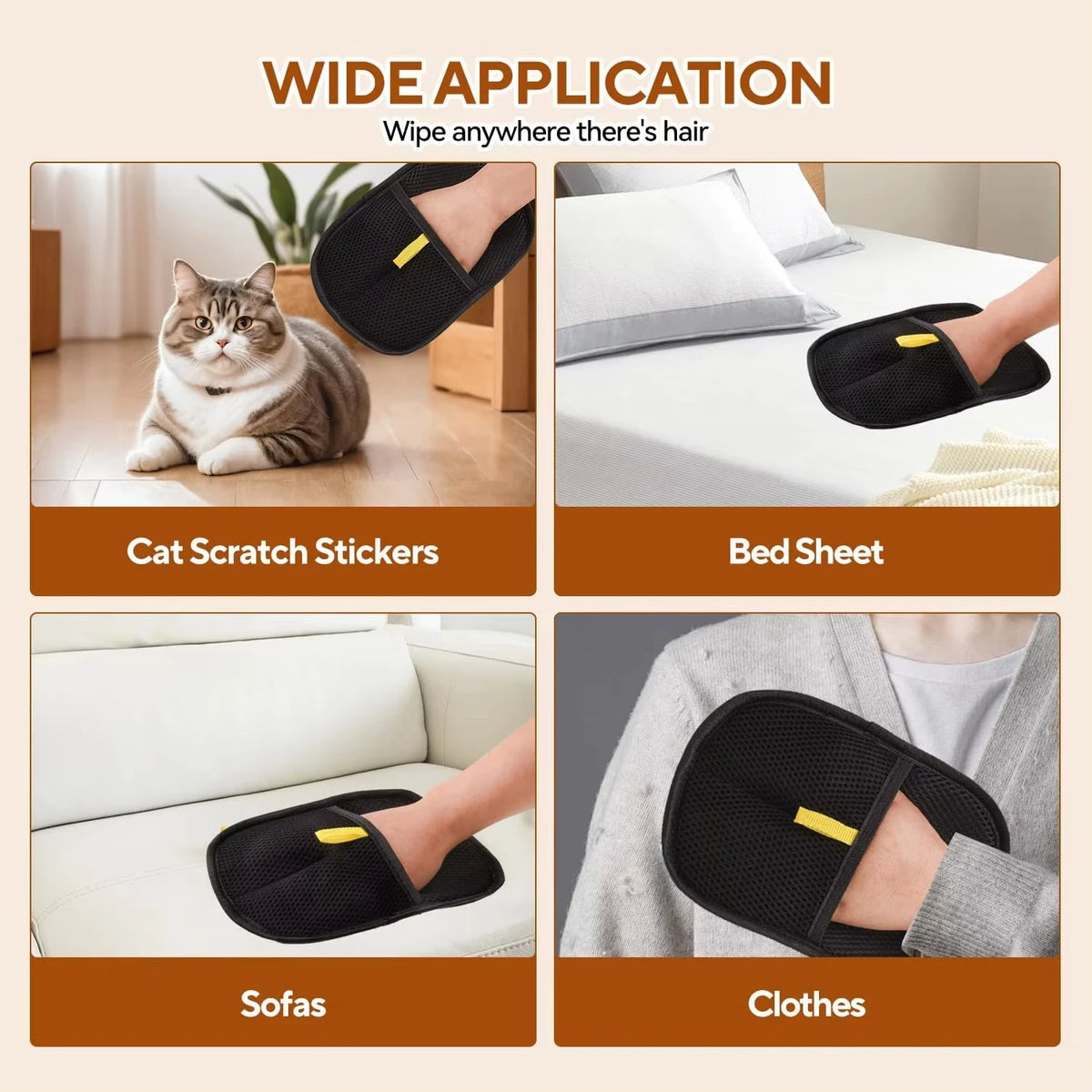 Reusable pet hair removal gloves in black and yellow used for cleaning cats, bedsheets, sofas, and clothes.