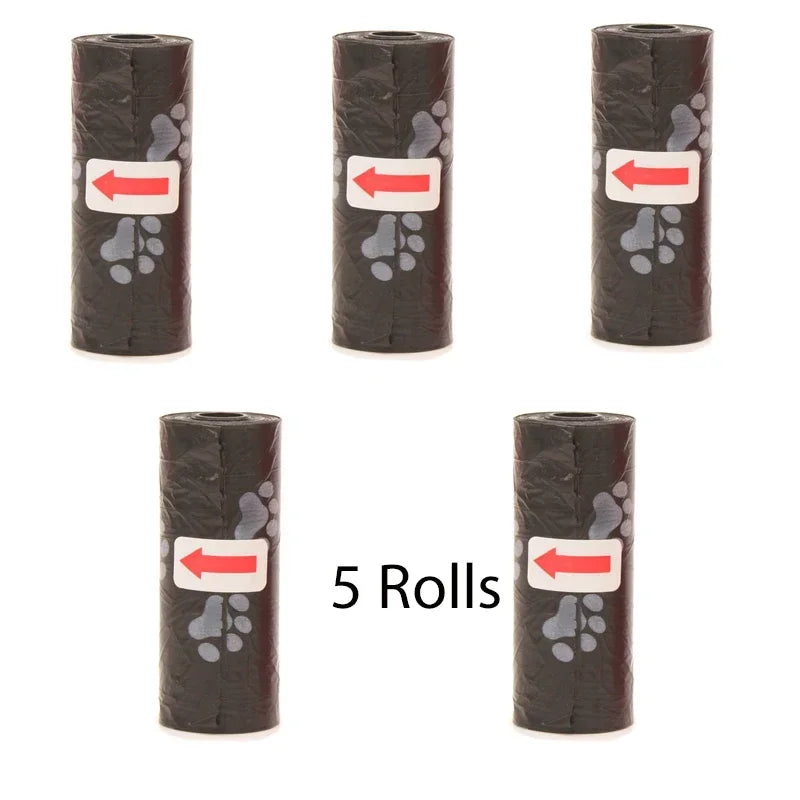 Five rolls of reusable pet poop bags with leash clips shown vertically.