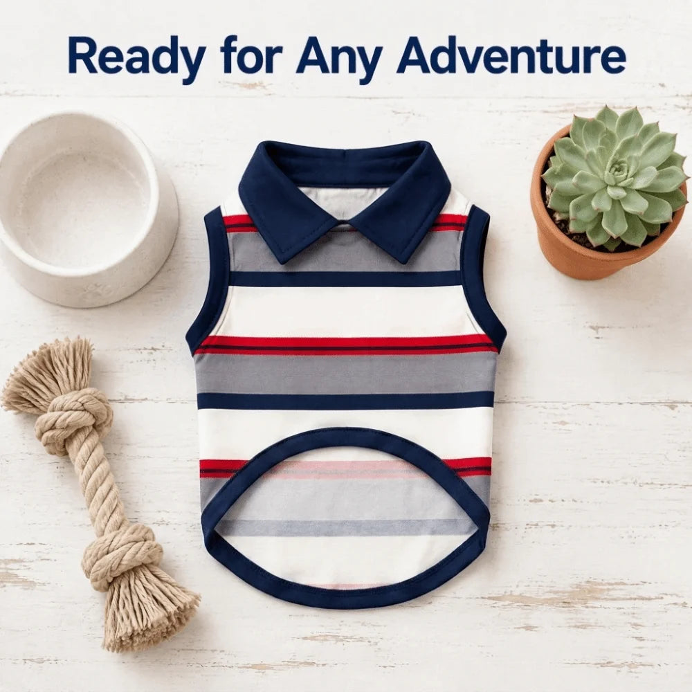 A striped classic pet polo shirt with a navy collar and dark blue trim is displayed on a white wooden surface.