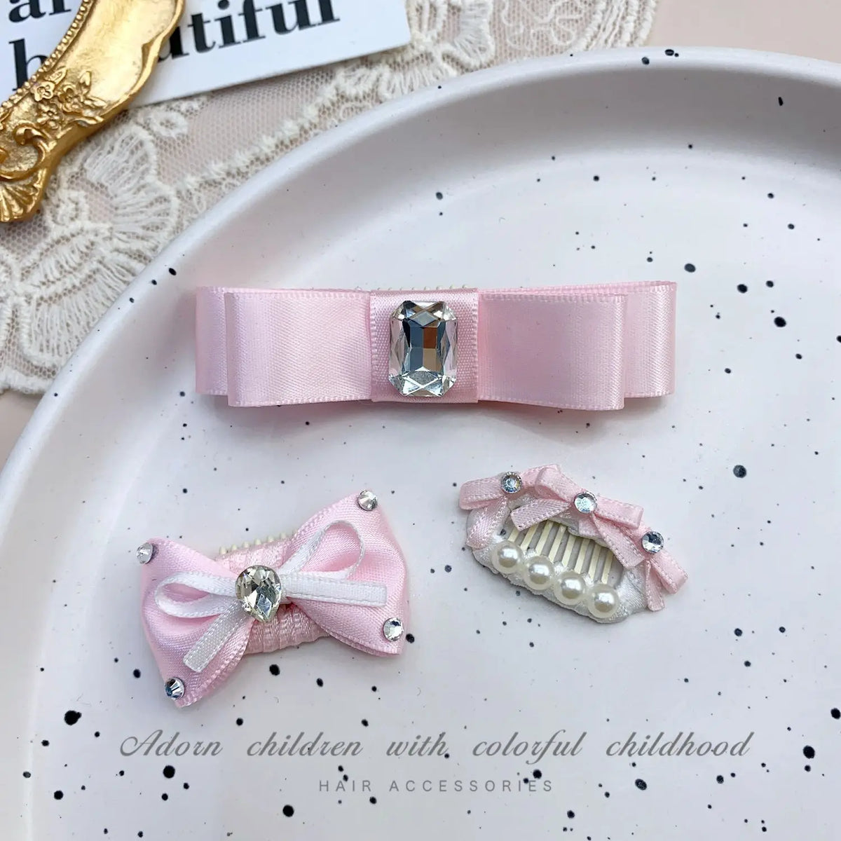 Pink Bow Pet Hair Clip with Rhinestone & Pearl Accents