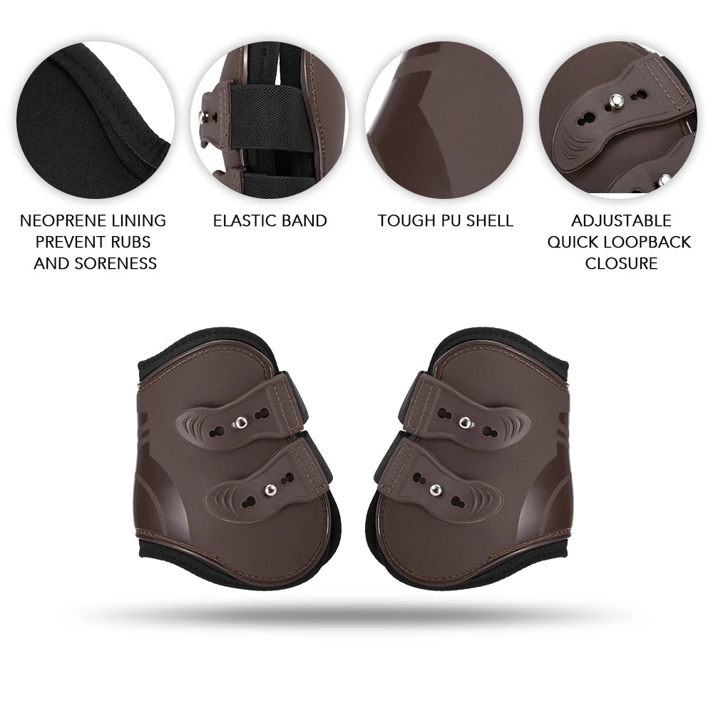 Une paire de bottes pour jambes de cheval marron réglables avec doublure en néoprène, bande élastique et PU résistant