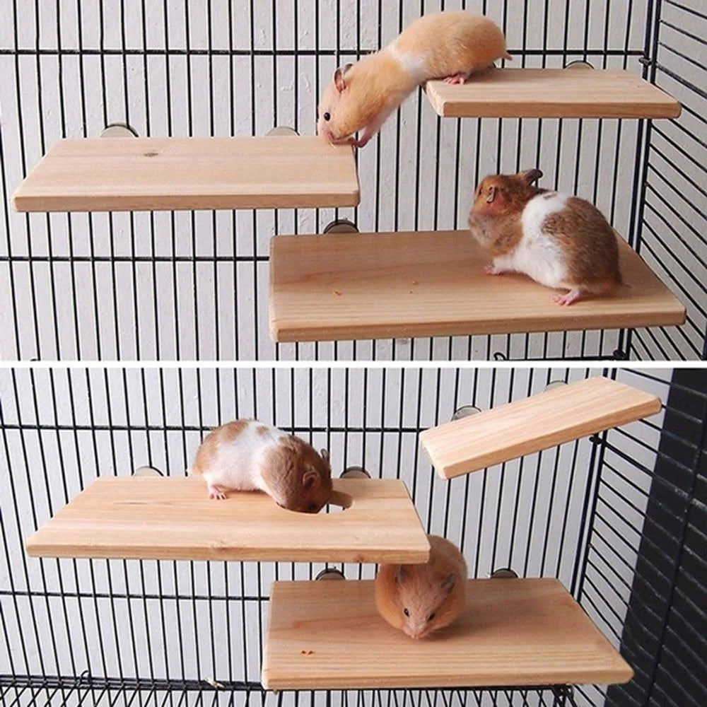 Natural wood platform stand for birds and small pets with wooden perches inside a wire cage