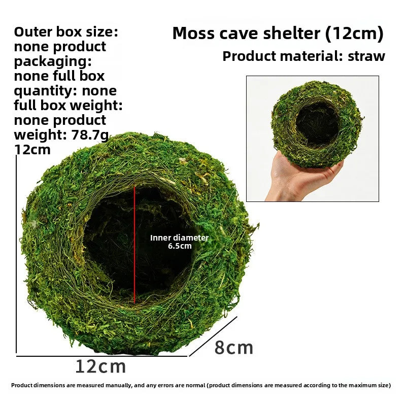 A round moss cave shelter made of straw with an inner diameter of 6.5cm and an outer dimension of 12cm.