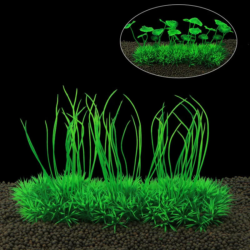 Planta de acuario artificial con base de cerámica creciendo en tierra oscura, vista ampliada.