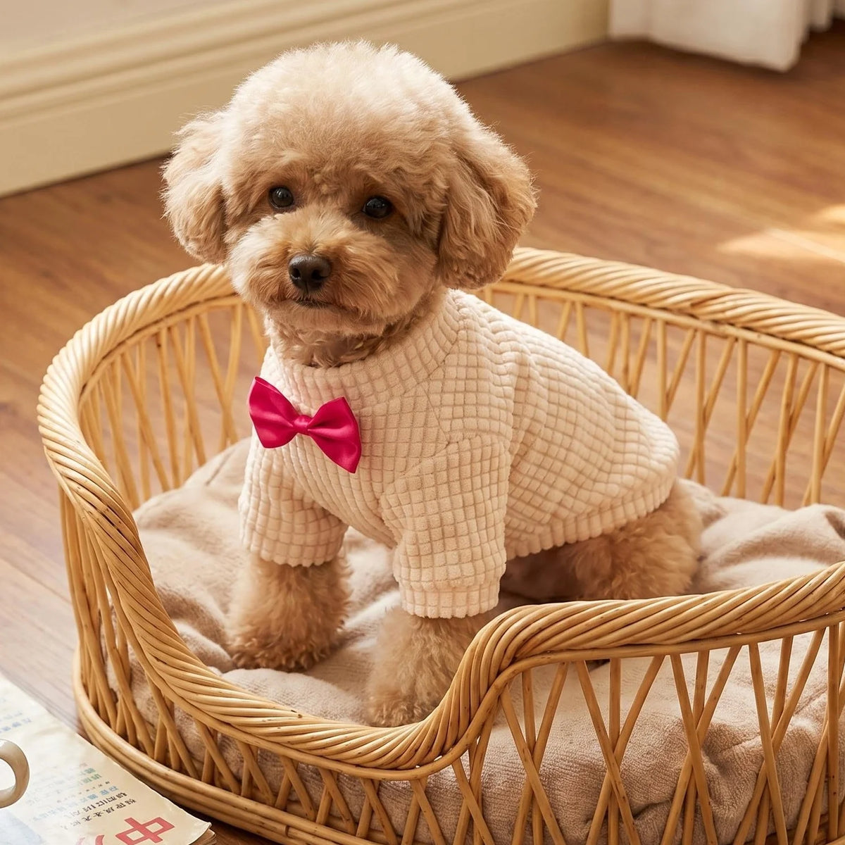 A fluffy light brown dog wearing a beige waffle knit sweater with a pink bow tie, sitting in a woven basket.